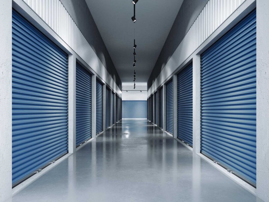 Storage facilities with blue doors. Interior units. 3d rendering