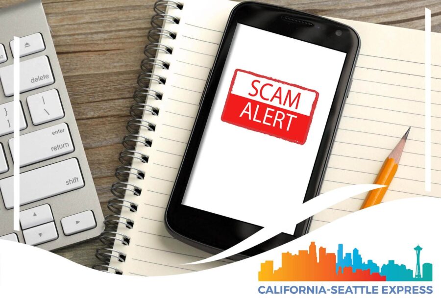 cell phone with scam alert on it California-Seattle Express logo