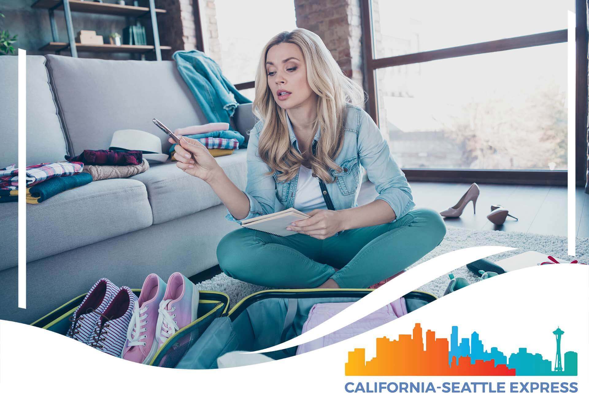A girl creating a moving list California-Seattle Express Logo