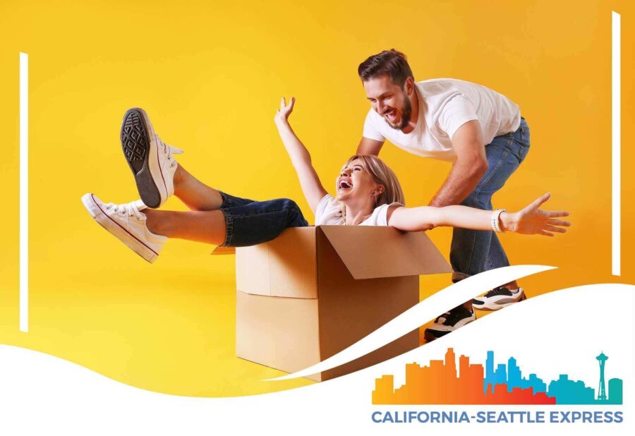 Woman in a carton box and a man pushing the box