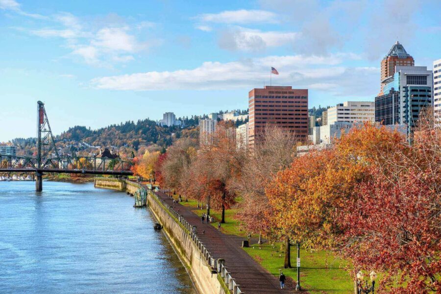 View of buildings near the river in Portland, Oregon