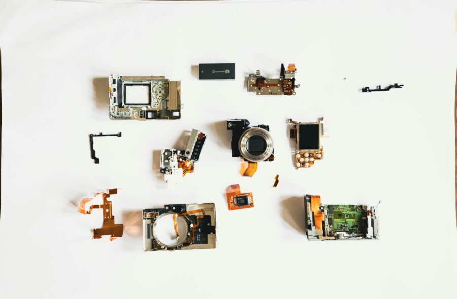 A disassembled camera