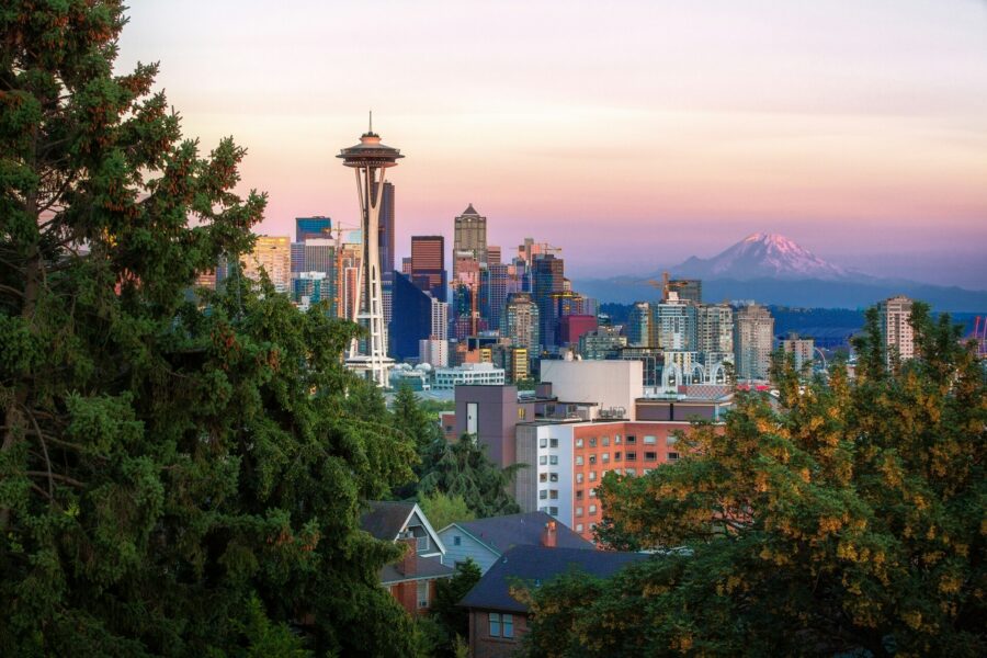 Aerial view of the Seattle skyline featuring the Space Needle.